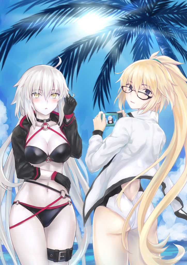 ahoge ass bangs bikini bk201 black-framed_eyewear black_bikini black_gloves blonde_hair blue_sky blush breasts buckle camera collarbone commentary_request competition_swimsuit cowboy_shot day elbow_gloves eyebrows_visible_through_hair fate/grand_order fate_(series) from_behind glasses gloves grey_hair hair_twirling halterneck hand_up high_ponytail holding holding_camera jacket jeanne_d'arc_(alter_swimsuit_berserker) jeanne_d'arc_(fate)_(all) jeanne_d'arc_(swimsuit_archer) light_rays long_hair long_sleeves multiple_girls navel o-ring o-ring_bikini o-ring_top ocean one-piece_swimsuit open_clothes open_jacket outdoors pale_skin palm_tree parted_lips short_hair shrug_(clothing) sky sun sunbeam sunlight swimsuit taking_picture thigh_strap track_jacket tree very_long_hair water white_jacket white_swimsuit yellow_eyes