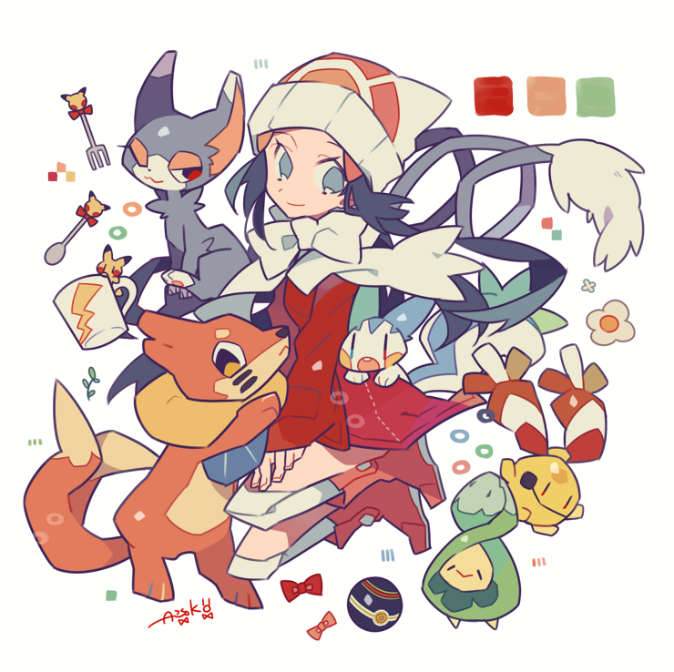 artist_name auko beanie blue_eyes blue_hair blush_stickers boots bow bowtie budew buizel cat chinchou coat cup dusk_ball flower fork full_body gen_1_pokemon gen_2_pokemon gen_4_pokemon glameow half-closed_eye happy hat heterochromia kneehighs long_hair long_sleeves looking_to_the_side mug one_eye_closed open_mouth pachirisu pikachu pink_footwear poke_ball poke_ball_symbol poke_ball_theme pokemon pokemon_(creature) pokemon_(game) pokemon_dppt pokemon_platinum red_coat red_eyes scarf signature simple_background smile spoon white_background white_hat white_legwear white_scarf yellow_eyes