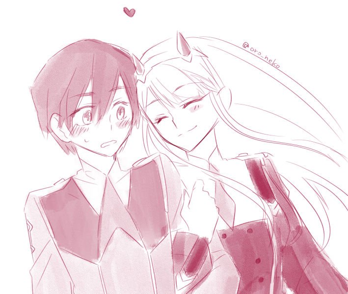 1boy 1girl bangs blush couple darling_in_the_franxx eyebrows_visible_through_hair eyes_closed hair_ornament hairband heart hetero hiro_(darling_in_the_franxx) horns locked_arms long_hair long_sleeves military military_uniform monochrome necktie oni_horns oroneko red short_hair signature uniform zero_two_(darling_in_the_franxx)