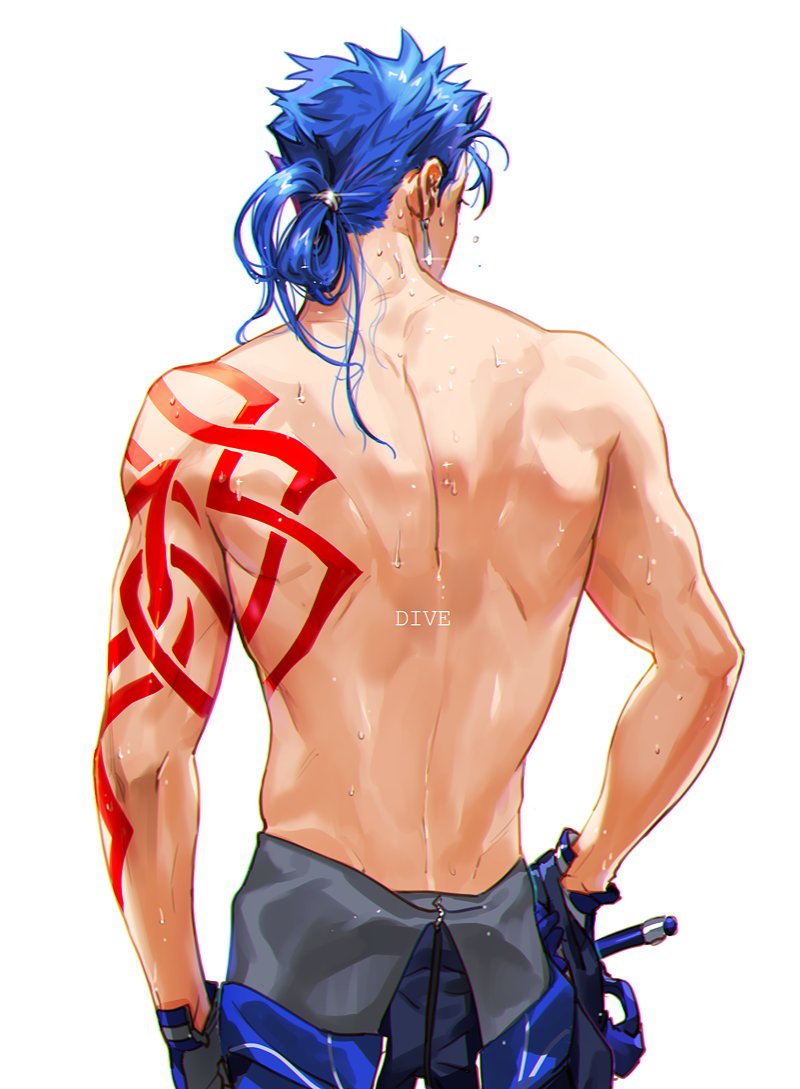 back blue_hair cowboy_shot earrings fate/stay_night fate_(series) from_behind g0ringo jewelry lancer long_hair male_focus shirtless simple_background solo tattoo wet white_background