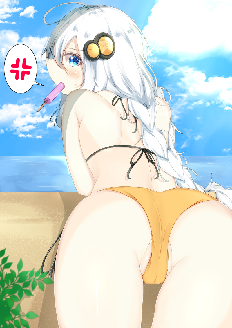 ahoge anger_vein ass aties20 back bangs bent_over bikini blue_eyes blue_sky braid cameltoe cloud cloudy_sky commentary day eyebrows_visible_through_hair food from_behind hair_ornament ivy kizuna_akari long_hair looking_at_viewer looking_back mouth_hold ocean orange_bikini outdoors partially_visible_vulva popsicle sky spoken_anger_vein standing sweatdrop swimsuit thighs twin_braids very_long_hair vocaloid voiceroid wall