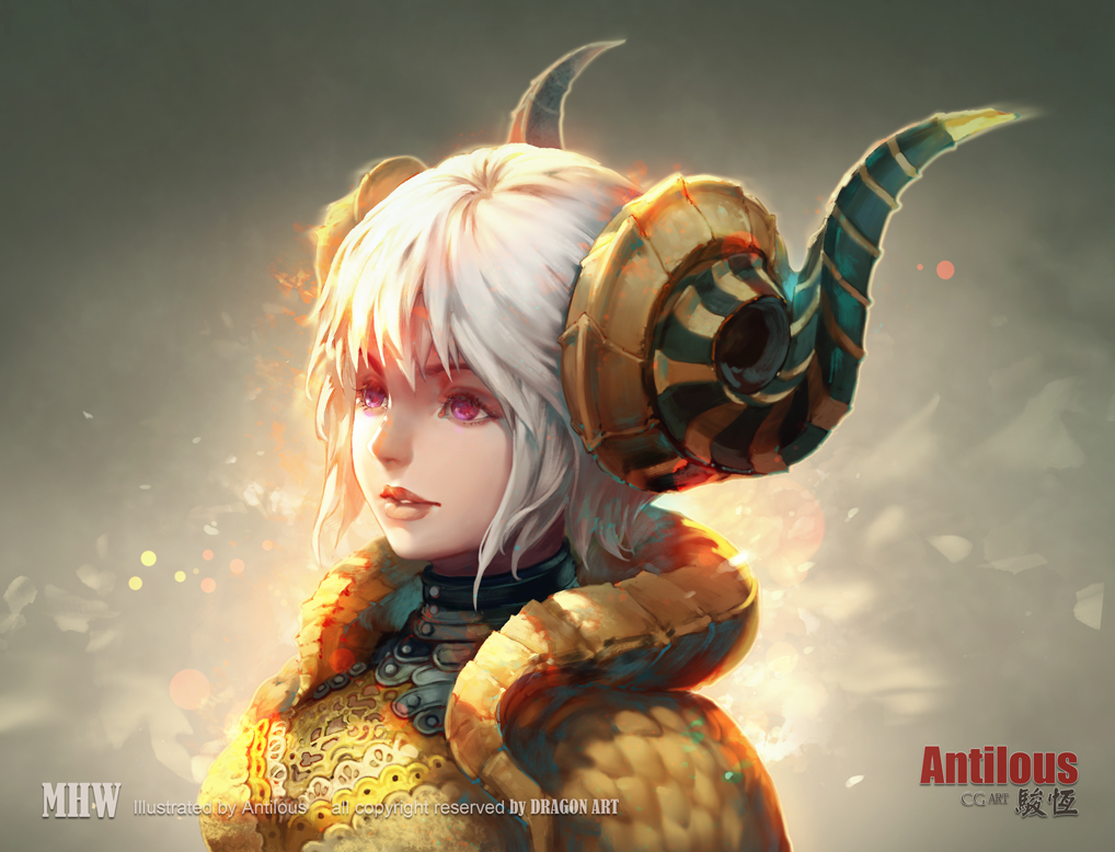 antilous artist_name commentary copyright_name grey_background horns kulve_taroth_(armor) looking_to_the_side monster_hunter monster_hunter:_world parted_lips purple_eyes scales short_hair solo upper_body watermark white_hair