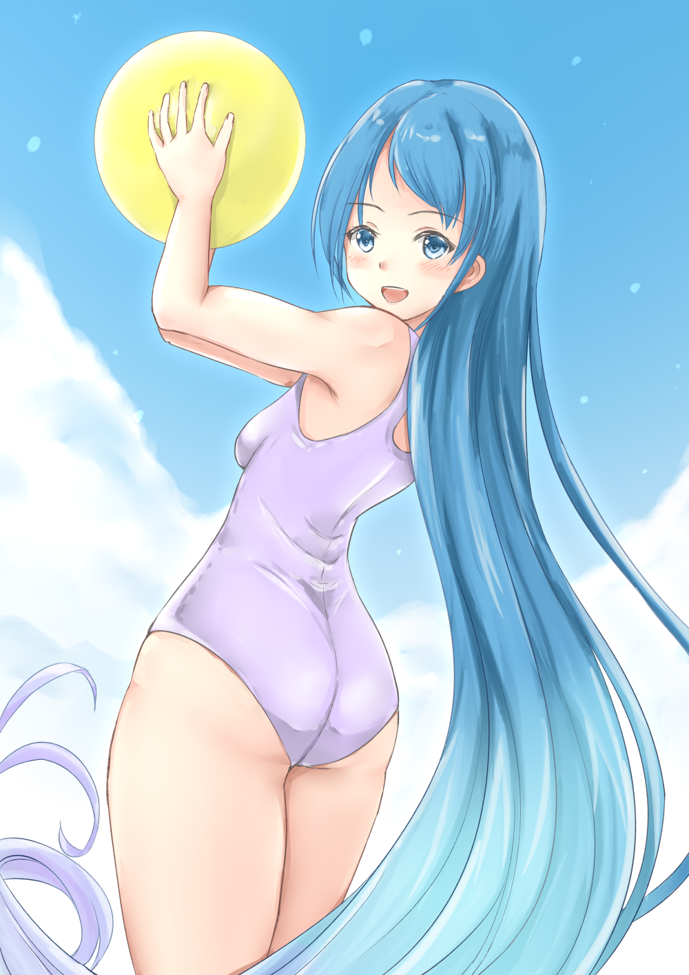 :d alternate_costume arched_back armpits ass ball bangs bare_arms bare_shoulders beachball blue_eyes blue_hair blue_sky blush breasts cloud commentary day eyebrows_visible_through_hair from_behind gradient_hair grey_hair grey_swimsuit hands_up highres hips holding holding_ball kantai_collection koru_pera legs_together light_blue_hair long_hair looking_at_viewer looking_back looking_to_the_side multicolored_hair one-piece_swimsuit open_mouth outdoors parted_bangs samidare_(kantai_collection) shiny shiny_hair sky small_breasts smile solo straight_hair swimsuit thighs very_long_hair white_swimsuit wide_hips