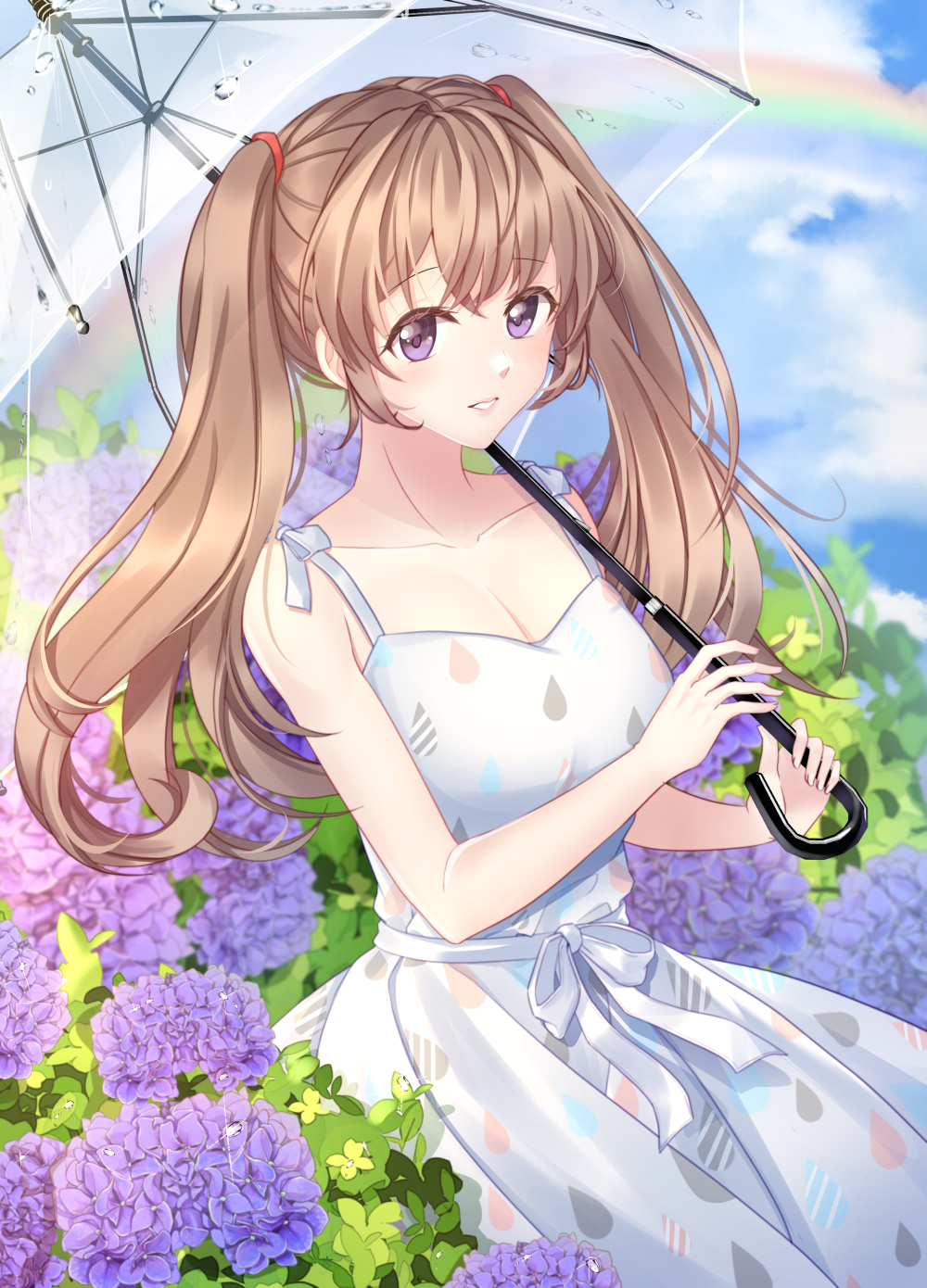 bangs blue_sky breasts cloud cloudy_sky collarbone commentary day dress eyebrows_visible_through_hair fingernails flower hair_between_eyes highres holding holding_umbrella hydrangea light_brown_hair looking_at_viewer o_yat original outdoors parted_lips purple_eyes purple_flower rainbow sky sleeveless sleeveless_dress small_breasts smile solo transparent transparent_umbrella twintails umbrella white_dress