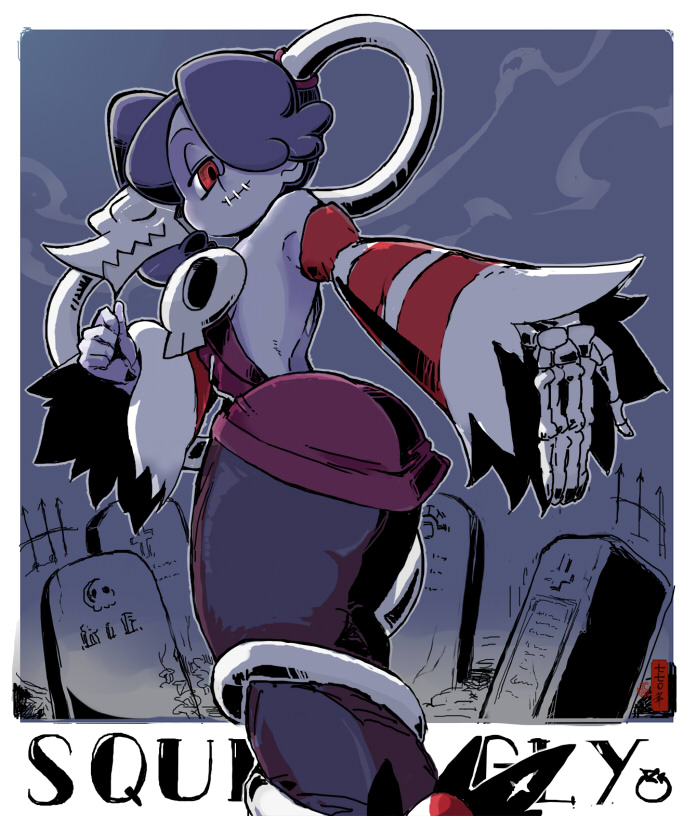 1girl ass bare_shoulders blue_skin breasts cleavage detached_collar detached_sleeves dress female hair_over_one_eye hips leviathan_(skullgirls) monster_girl red_eyes side_ponytail skullgirls squigly_(skullgirls) stitched_mouth stitches striped striped_sleeves wide_hips zombie