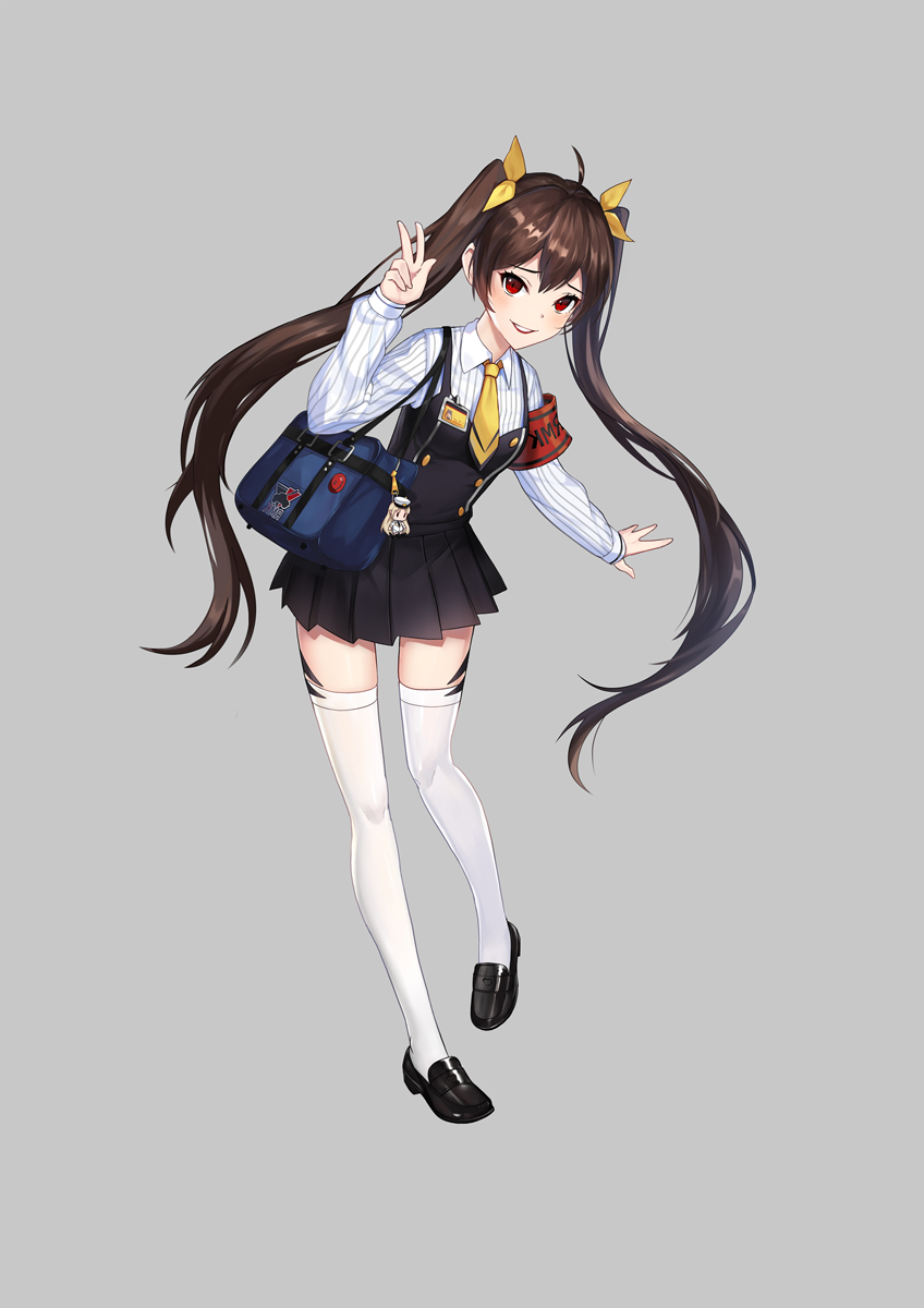 armband bad_id bad_pixiv_id badge bag bag_charm black_dress black_footwear bookbag button_badge charm_(object) dress full_body grey_background hair_ribbon hand_up handbag highres id_card loafers long_hair looking_at_viewer obli original pinafore_dress red_eyes ribbon school_uniform shoes simple_background solo standing thighhighs twintails v very_long_hair white_legwear yellow_neckwear yellow_ribbon