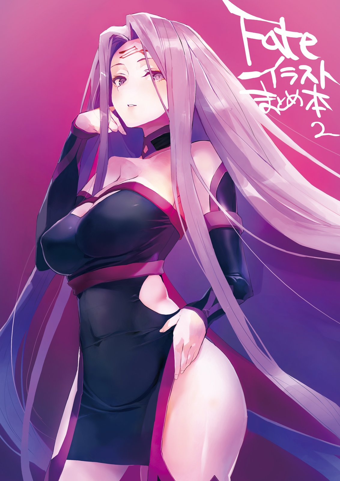 bare_shoulders black_dress boots breasts cleavage cleavage_cutout collar commentary_request covered_navel covered_nipples detached_sleeves dress facial_mark fate/grand_order fate_(series) finger_to_cheek forehead_mark from_below hand_on_hip highres large_breasts long_hair looking_at_viewer parted_lips pelvic_curtain purple_eyes purple_hair rider side_slit sleeveless solo standing strapless strapless_dress taishi_(picchiridou) thigh_boots thighhighs thighs translated very_long_hair