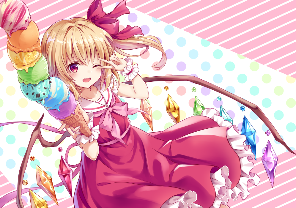 ;d arm_up bangs blonde_hair blush bow collarbone comiket_94 commentary_request crystal diagonal-striped_background diagonal_stripes dress eyebrows_visible_through_hair flandre_scarlet food frilled_dress frills hair_between_eyes hair_bow holding holding_food ice_cream ice_cream_cone kure~pu long_hair one_eye_closed one_side_up open_mouth pink_bow polka_dot polka_dot_background rainbow_order red_bow red_dress red_eyes sailor_collar sailor_dress smile solo striped striped_background too_many too_many_scoops touhou v_over_eye white_sailor_collar wings wrist_cuffs