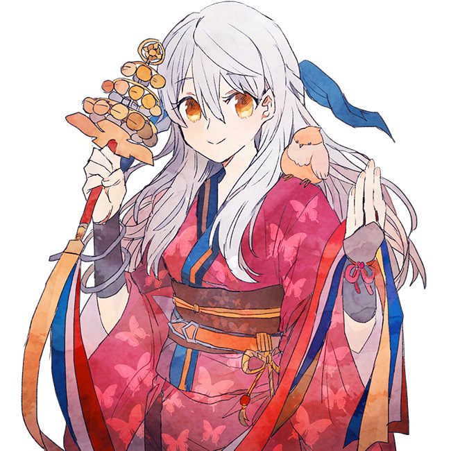 animal animal_on_shoulder animal_print bell bird bird_on_shoulder bracelet butterfly_print closed_eyes commentary_request fire_emblem fire_emblem:_akatsuki_no_megami fire_emblem_heroes japanese_clothes jewelry jingle_bell kagura_suzu kimono long_hair micaiah obi sash shourou_kanna silver_hair simple_background smile solo white_background wide_sleeves yellow_eyes yukata yune