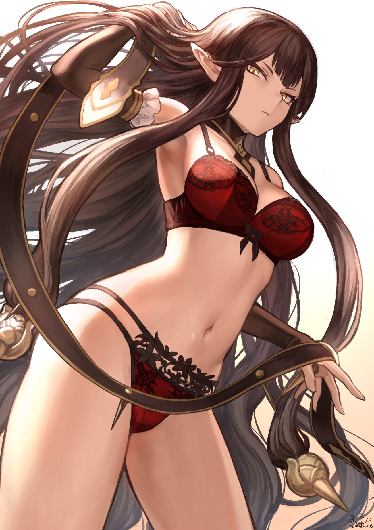 armpits bangs bra breasts brown_hair cleavage collarbone commentary detached_collar fate/grand_order fate_(series) gradient gradient_background hair_ornament hand_in_hair highres hips large_breasts long_hair looking_at_viewer mashu_003 navel panties pointy_ears red_bra red_panties ribbon semiramis_(fate) sidelocks slit_pupils solo spikes thighs underwear very_long_hair yellow_eyes