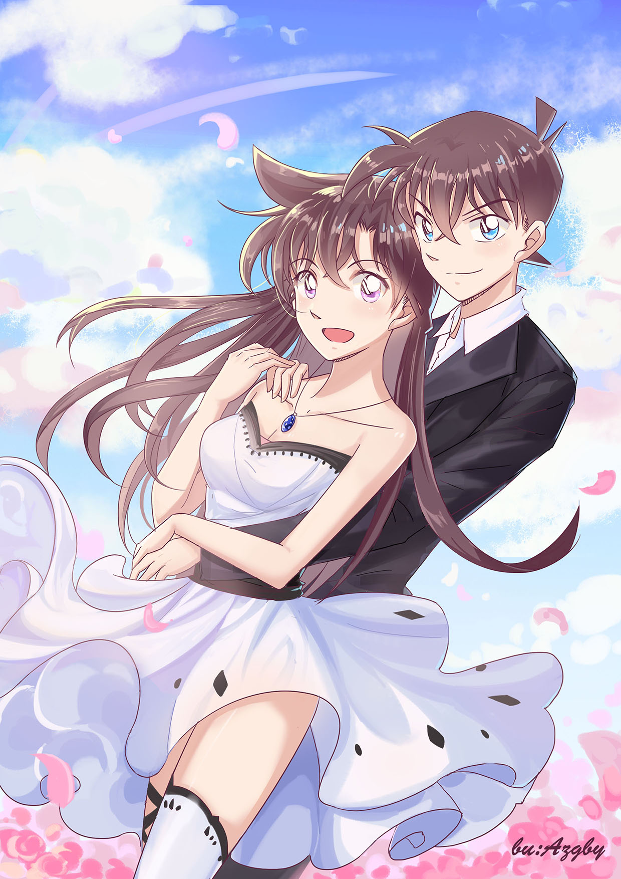 1girl :d azgby blue_eyes breasts brown_hair cleavage collarbone couple day dress dutch_angle eyebrows_visible_through_hair floating_hair flower hair_between_eyes hand_on_another's_shoulder highres jewelry kudou_shin'ichi long_hair looking_at_viewer medium_breasts meitantei_conan mouri_ran necklace open_mouth outdoors petals pink_eyes pink_flower sleeveless sleeveless_dress smile standing strapless strapless_dress thighhighs very_long_hair white_dress white_legwear