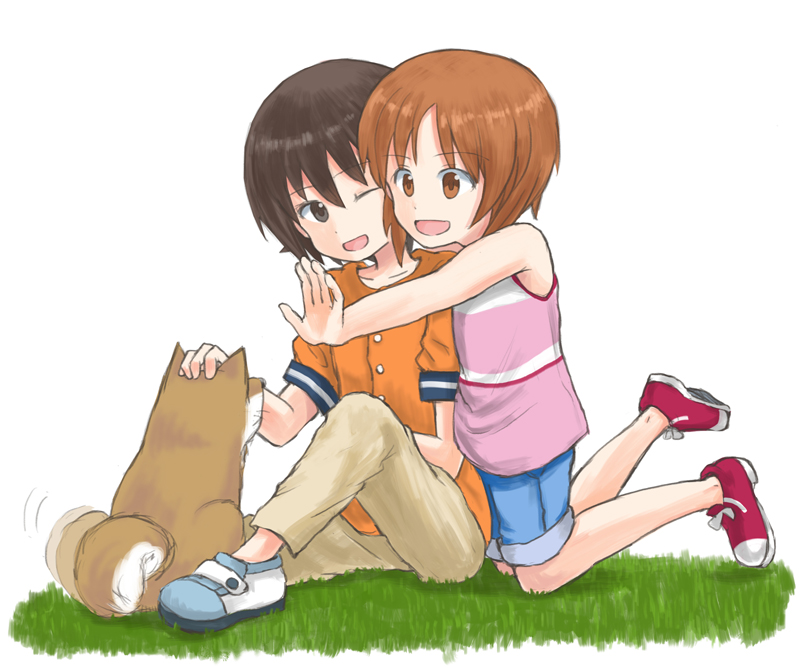 :d ;d afterimage bangs blue_shorts brown_eyes brown_hair brown_pants commentary_request dog eyebrows_visible_through_hair girls_und_panzer grass kneeling looking_at_another looking_back motion_lines multiple_girls mutsu_(layergreen) nishizumi_maho nishizumi_miho one_eye_closed open_mouth orange_shirt pants petting pink_shirt purple_footwear shiba_inu shirt shoes short_hair short_sleeves shorts siblings sisters sitting smile tank_top white_background white_footwear younger