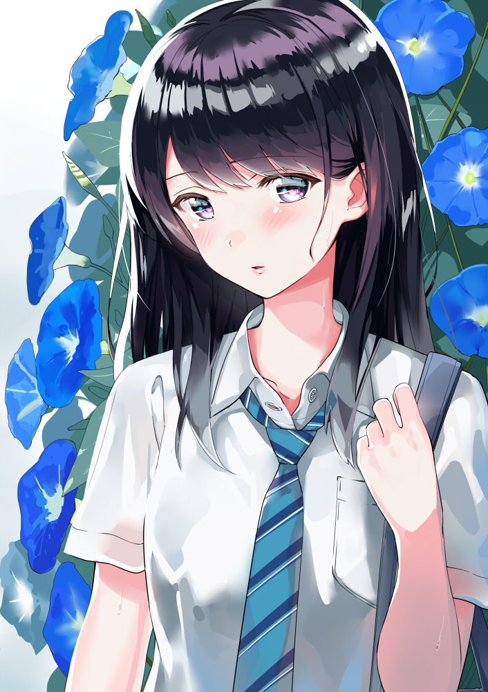 bangs black_eyes black_hair blue_flower blue_neckwear blush breast_pocket collared_shirt commentary_request eyebrows_visible_through_hair flower kinugasa_yuuichi long_hair looking_at_viewer morning_glory necktie original parted_lips pocket purple_eyes shirt short_sleeves solo strap striped striped_neckwear upper_body white_shirt