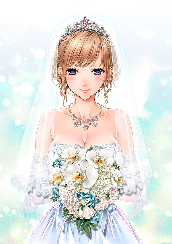 bare_shoulders blue_eyes blush bouquet breasts bridal_veil bride brown_hair cleavage closed_mouth collarbone copyright_request dress earrings flower jewelry large_breasts looking_at_viewer mizutani_tooru necklace smile solo tiara veil