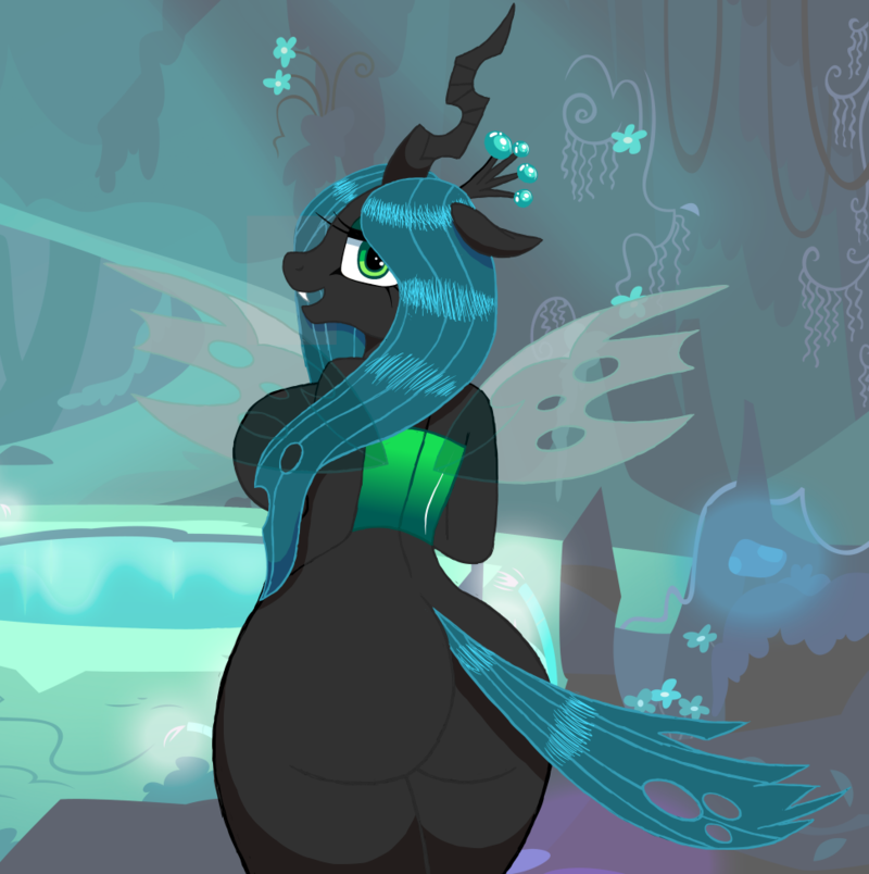 2018 anthro big_breasts big_butt breasts butt cavern changeling cocaine-leopard crown detailed_background equine eyelashes eyeshadow fangs female flower friendship_is_magic green_eyes hair horn insect_wings long_hair looking_at_viewer looking_back makeup mammal mascara my_little_pony nude open_mouth open_smile plant pond portrait presenting queen_chrysalis_(mlp) rear_view side_boob smile solo standing teal_hair thick_thighs three-quarter_portrait water wings