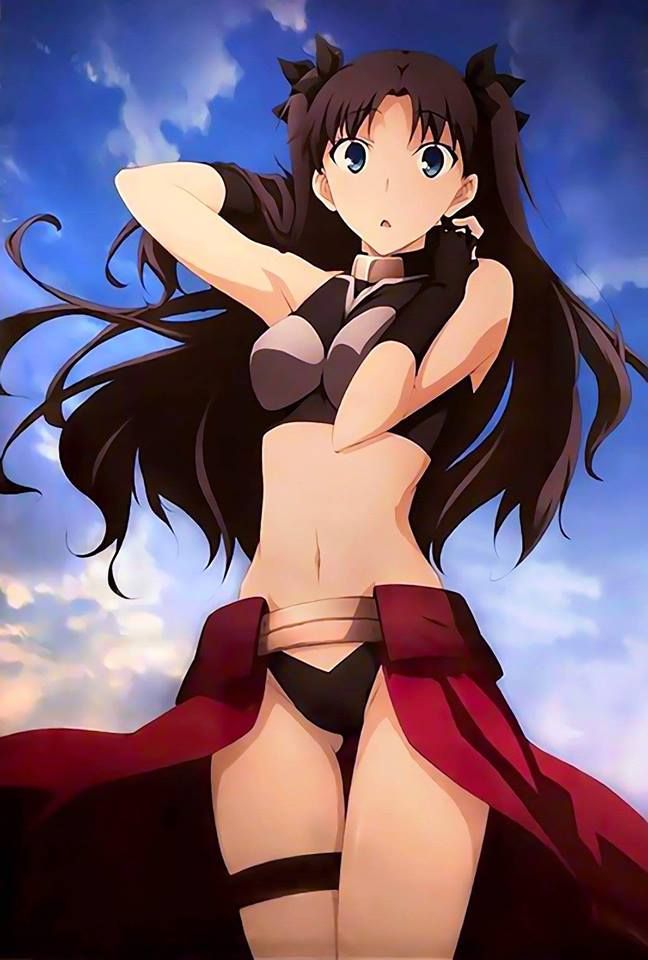 1girl :o adjusting_hair archer archer_(cosplay) arm_up bangs bare_legs bare_shoulders black_gloves black_ribbon blue_eyes breasts brown_hair cloud cosplay eyebrows_visible_through_hair fate/stay_night fate_(series) female fingerless_gloves floating_hair gloves hair_ribbon hand_up legband legs midriff navel open_mouth outdoors parted_bangs revealing_clothes ribbon sky sleeveless solo standing thighs tohsaka_rin two_side_up type-moon waist_cape wind wind_lift