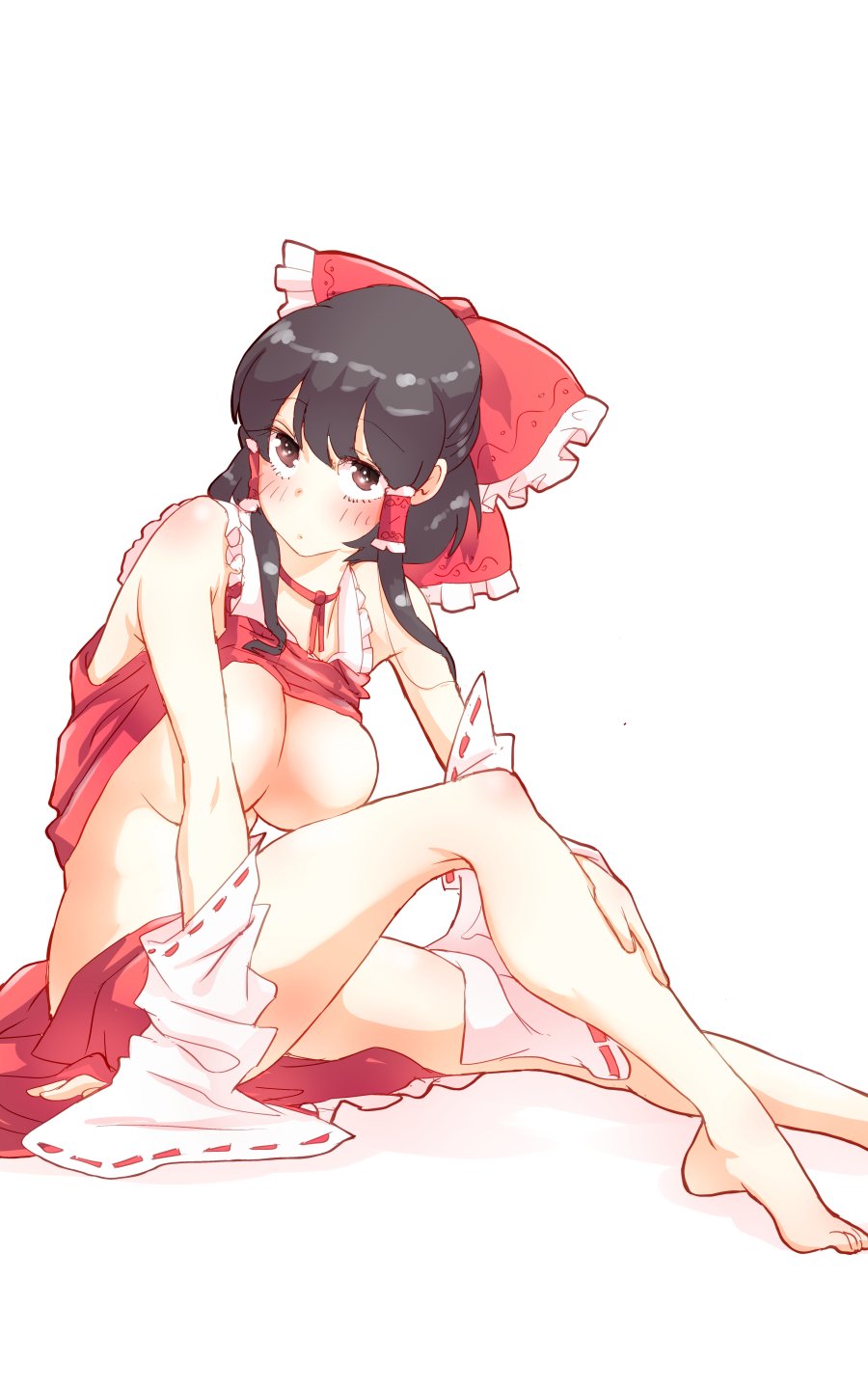 bare_legs bare_shoulders barefoot black_hair blush breasts breasts_outside brown_eyes convenient_arm convenient_censoring convenient_leg detached_sleeves eyebrows_visible_through_hair hair_tubes hakurei_reimu hand_on_own_leg highres large_breasts looking_at_viewer no_bra non_(z-art) shirt_lift simple_background sitting thighs touhou