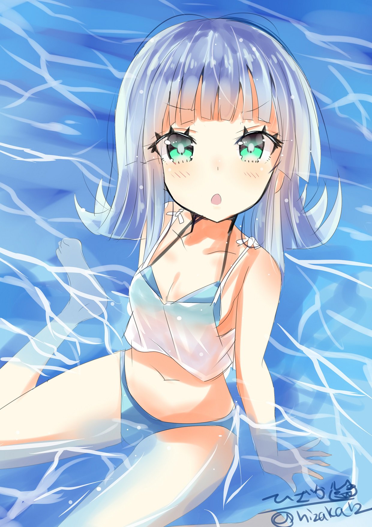 aqua_eyes bikini blue_bikini blush breasts cleavage collarbone commentary_request eyes hatsukaze_(kantai_collection) highres hizaka kantai_collection long_hair looking_at_viewer looking_up navel open_mouth partially_submerged silver_hair sitting small_breasts solo swimsuit twitter_username wariza water