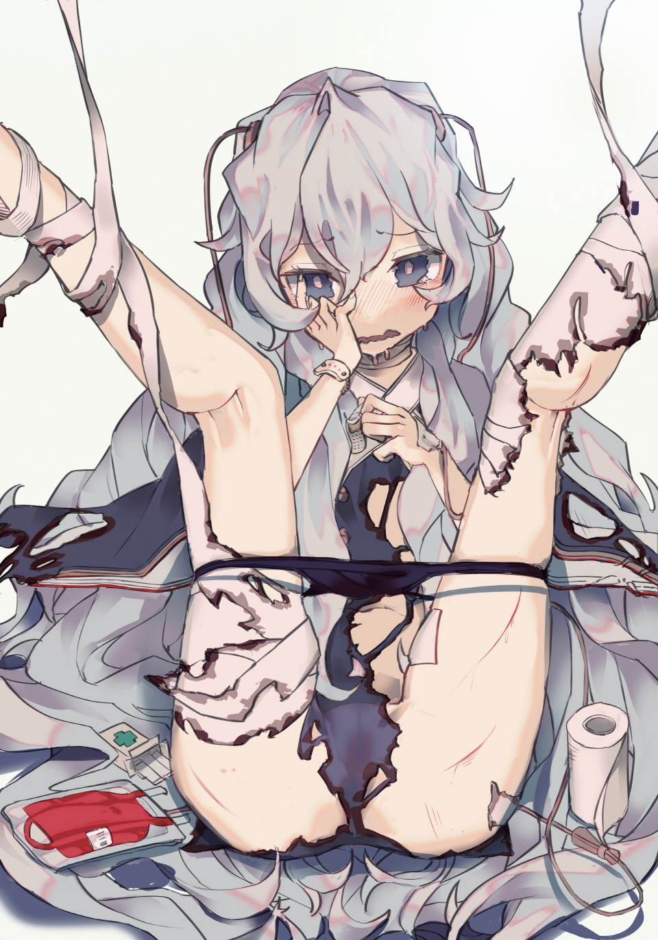 anparu bandaged_leg bandages bandaid blood blood_bag blush burnt_clothes chinese_commentary commentary_request cuts girls_frontline grey_eyes grey_hair grey_nails hand_on_own_face highres injury long_hair looking_at_viewer nail_polish nose_blush open_mouth ribeyrolles_1918_(girls_frontline) solo spread_legs very_long_hair wavy_mouth