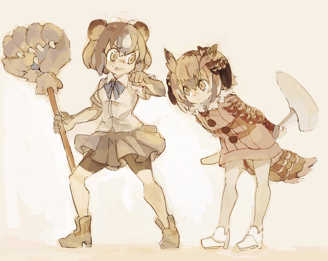 animal_ears arms_behind_back bear_ears bear_paw_hammer bear_tail bike_shorts bird_tail bird_wings boots bow bowtie brown_bear_(kemono_friends) brown_hair buttons cane coat collared_shirt commentary_request elbow_gloves eurasian_eagle_owl_(kemono_friends) eyebrows_visible_through_hair fur_collar gloves head_wings kemono_friends konabetate long_sleeves multicolored_hair multiple_girls owl_ears pantyhose pleated_skirt shirt short_hair short_sleeves shorts shorts_under_skirt skirt sweatdrop tail weapon white_hair wings