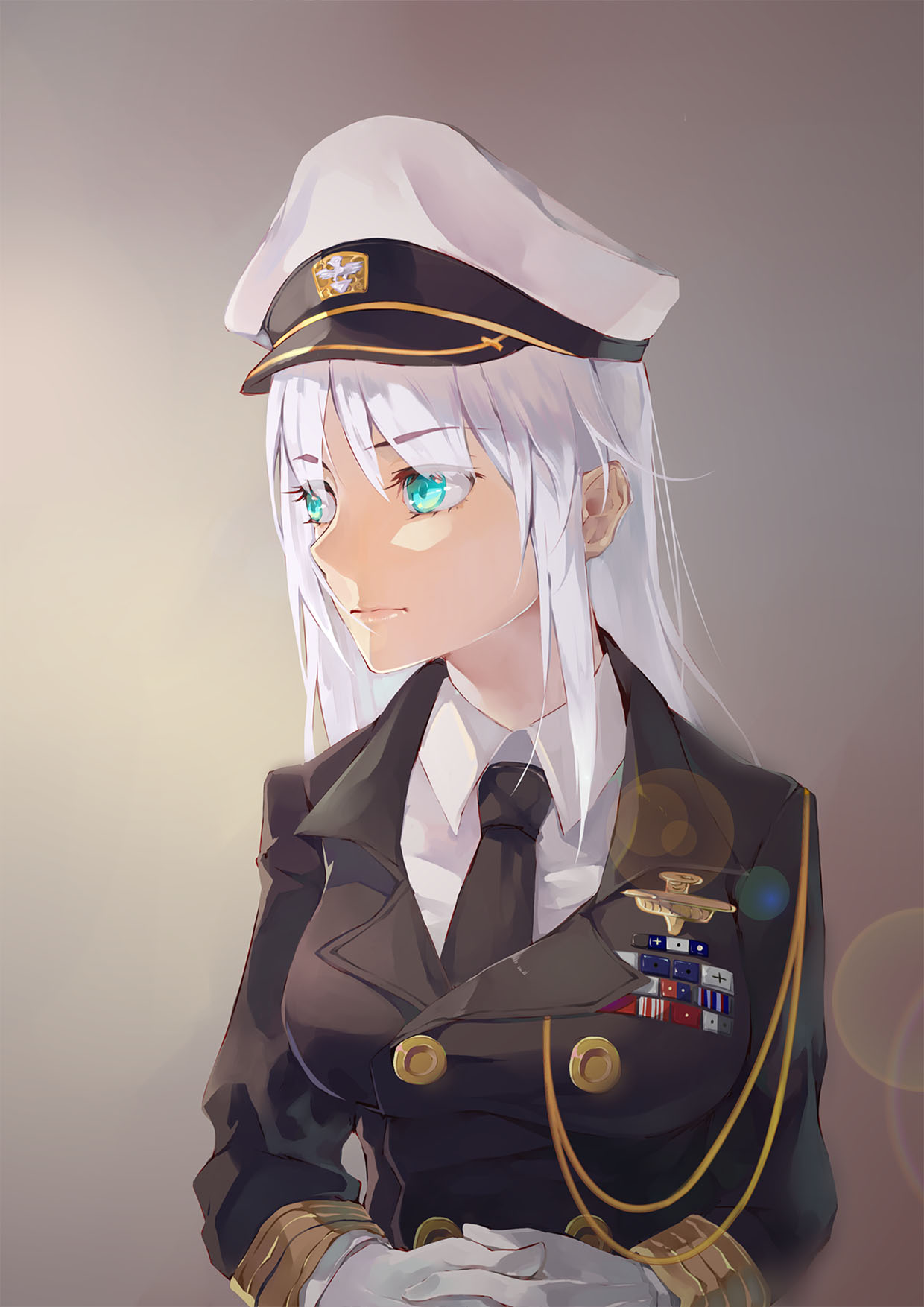 aqua_eyes azur_lane black_jacket black_neckwear blazer breasts closed_mouth collared_shirt commentary double-breasted dress_shirt english_commentary enterprise_(azur_lane) gloves gold_trim hat highres interlocked_fingers jacket large_breasts long_hair long_sleeves looking_away military military_hat military_uniform necktie nero4 own_hands_together peaked_cap shirt simple_background sleeve_cuffs solo uniform white_gloves white_hair white_shirt wing_collar
