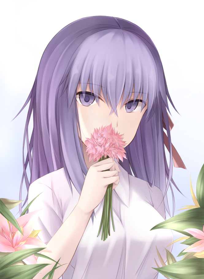 covered_mouth eyebrows_visible_through_hair fate/stay_night fate_(series) flower hair_between_eyes hair_ribbon holding holding_flower kanpyou_(hghgkenfany) long_hair looking_at_viewer matou_sakura pink_flower purple_eyes purple_hair red_ribbon ribbon shirt solo upper_body white_background white_shirt