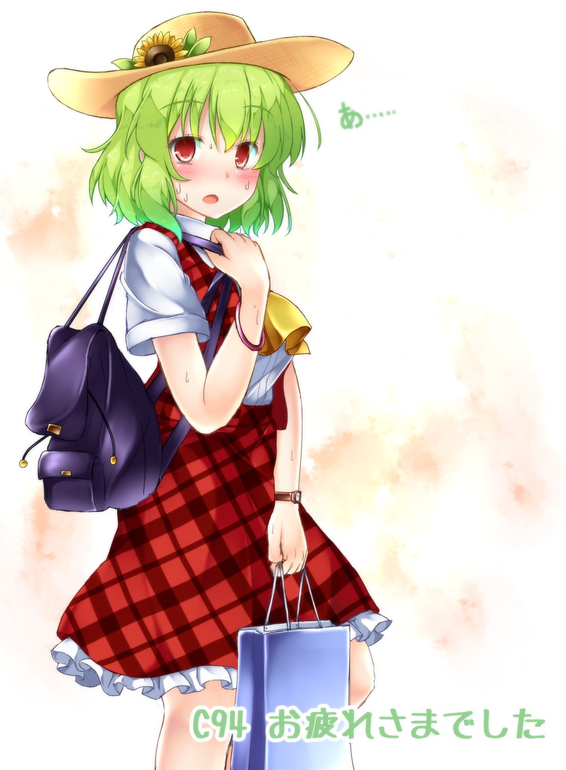 aka_tawashi ascot backpack bag bangs blush breasts commentary_request eyebrows_visible_through_hair feet_out_of_frame flower green_hair hair_between_eyes hand_up hat hat_flower highres holding holding_bag kazami_yuuka leaf looking_at_viewer medium_breasts open_mouth petticoat plaid plaid_skirt plaid_vest red_eyes red_skirt red_vest shirt shopping_bag short_hair short_sleeves skirt solo standing sun_hat sunflower sweat touhou translated unmoving_pattern vest watch white_shirt wing_collar wristwatch yellow_neckwear
