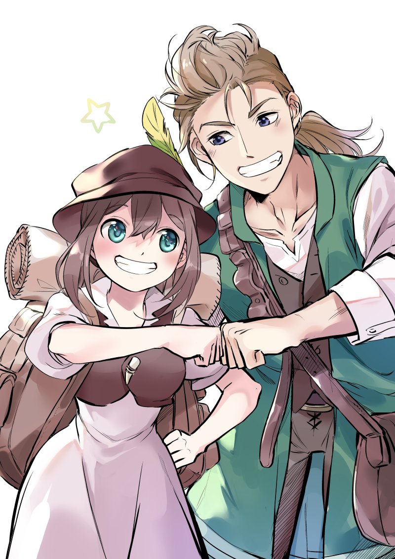 1girl alfyn_(octopath_traveler) bag blonde_hair brown_hair commentary_request dress fantasy fist_bump green_eyes hat jewelry long_hair looking_at_viewer oboro_keisuke octopath_traveler one_eye_closed open_mouth ponytail short_hair simple_background smile tressa_(octopath_traveler) v