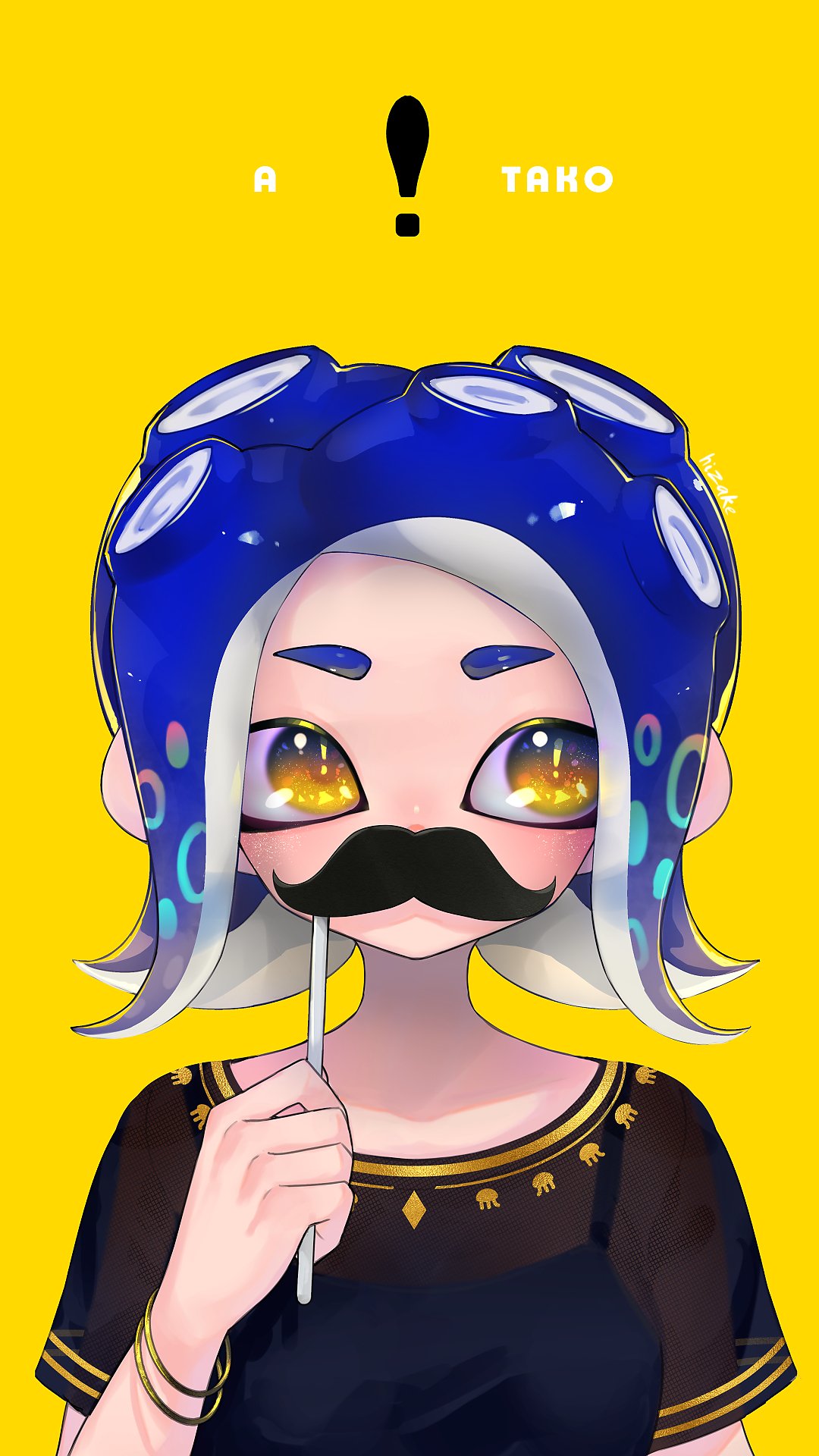 1girl black_shirt blue_hair bracelet commentary fake_facial_hair fake_mustache highres holding jewelry kashu_(hizake) looking_away monster_girl octarian octoling print_shirt shirt short_eyebrows short_hair short_sleeves signature simple_background solo splatoon_(series) splatoon_2 splatoon_2:_octo_expansion suction_cups symbol_commentary tentacle_hair thick_eyebrows upper_body yellow_background yellow_eyes
