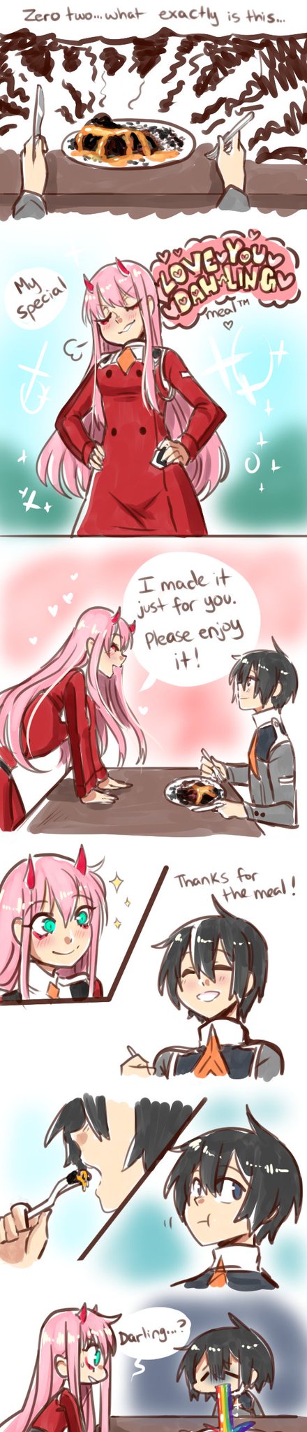 1boy 1girl black_hair blue_eyes blush colored_eyelashes comic couple darling_in_the_franxx dish eating eyebrows_visible_through_hair eyes_closed food fork fringe green_eyes hands_on_hips hetero hiro_(darling_in_the_franxx) holding holding_fork holding_knife horns knife long_hair long_sleeves looking_at_another military military_uniform necktie oni_horns orange_neckwear pink_hair plate pride-kun red_horns short_hair speech_bubble sweatdrop table uniform vomiting zero_two_(darling_in_the_franxx)
