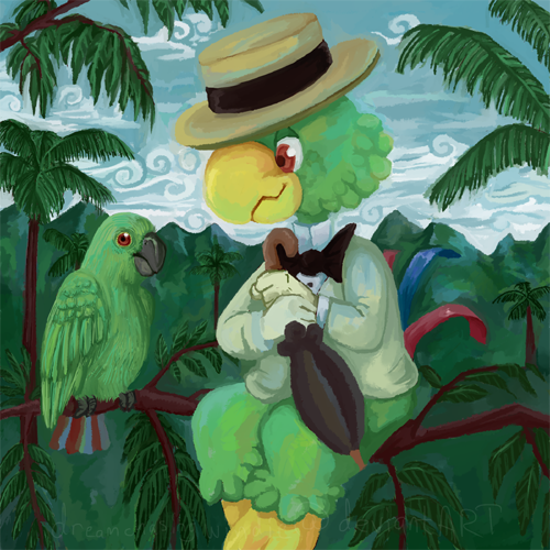 2011 ambiguous_gender anthro artsy-theo avian beady_eyes beak biped bird black_beak blue_feathers blue_tail bottomless bow_tie branch brown_eyes claws clothed clothing cloud cute digital_media_(artwork) digital_painting_(artwork) disney duo eye_contact feathered_wings feathers feral folded_wings gloves grass green_feathers green_wings half-closed_eyes hat holding_object holding_umbrella humanoid_hands jos&eacute;_carioca jungle leaf looking_at_another low_res male mountain multicolored_feathers nature on_branch outside palm_tree parrot pork_pie_hat red_feathers red_tail signature sitting size_difference sky smile suit tail_feathers talons the_three_caballeros toe_claws toony tree two_tone_tail umbrella wings yellow_beak