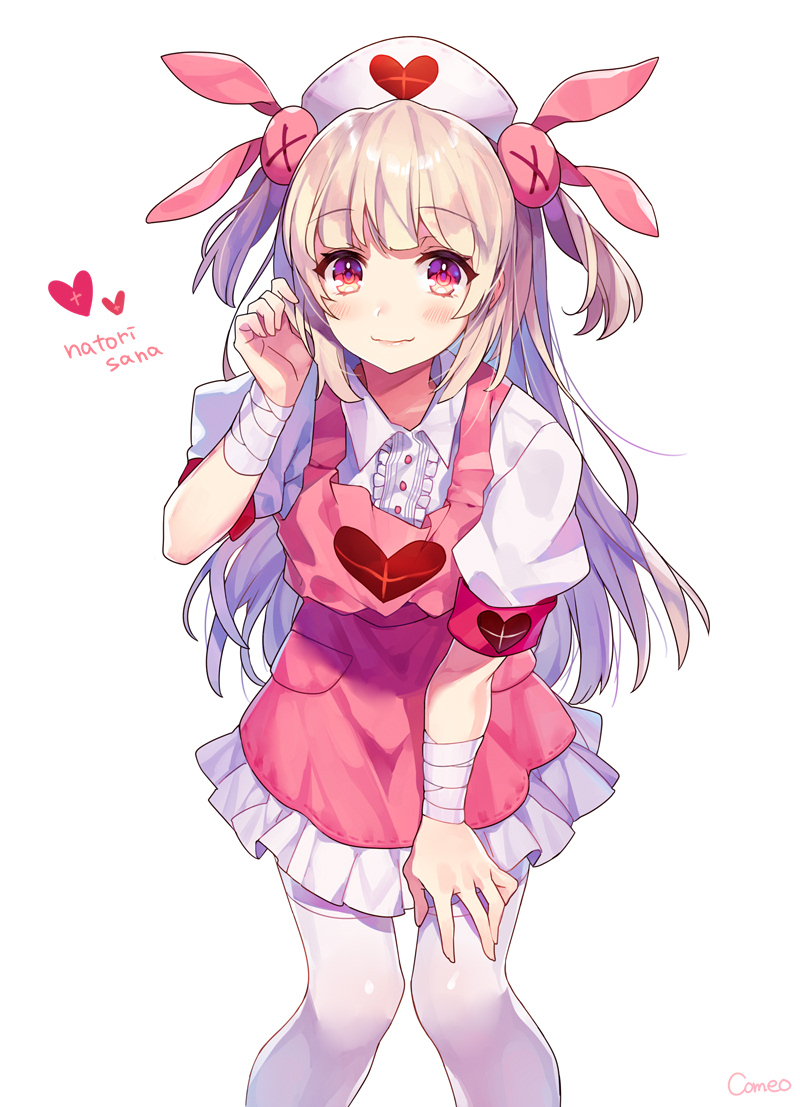 apron arm_up armband bandaged_arm bandages bangs blush bunny_hair_ornament center_frills character_name collared_shirt commentary eyebrows_visible_through_hair hair_ornament hand_on_thigh hat heart light_brown_hair long_hair looking_at_viewer natori_sana nurse_cap pink_apron pink_hat puffy_short_sleeves puffy_sleeves sana_channel shirt short_sleeves simple_background skirt solo thighhighs two_side_up user_fvsd2278 virtual_youtuber white_background white_legwear white_skirt