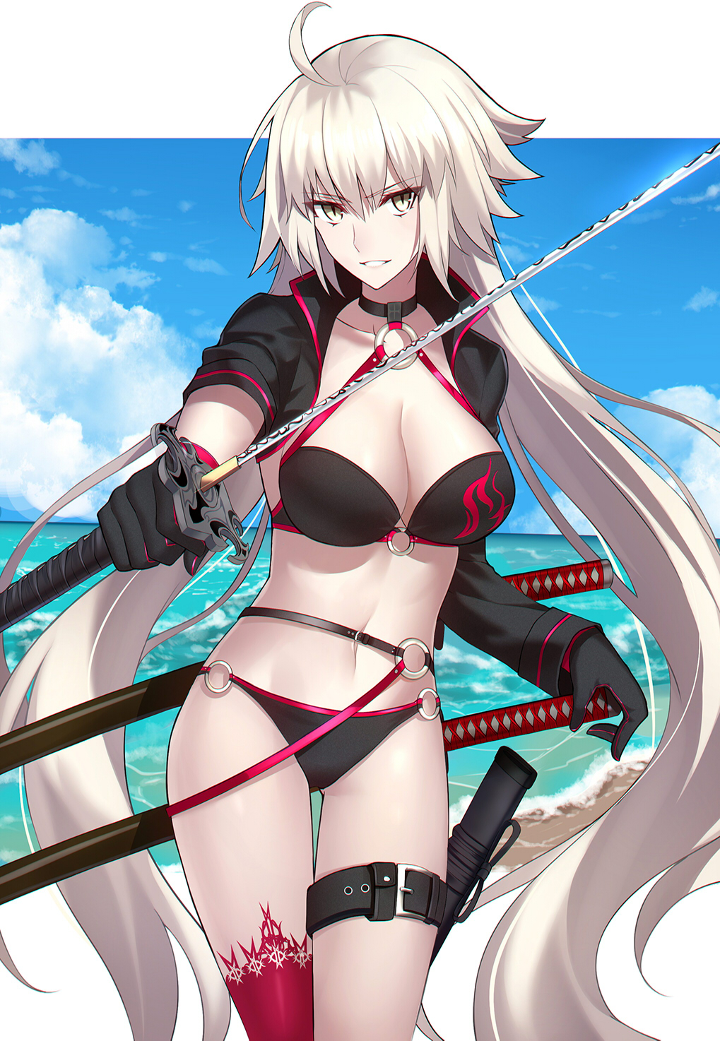 ahoge bangs beach bikini black_bikini black_choker black_gloves black_jacket breasts buckle choker cleavage cloud cloudy_sky collarbone cowboy_shot cropped_jacket day eyebrows_visible_through_hair fate/grand_order fate_(series) floating_hair foreshortening gloves grin groin hair_between_eyes hand_on_hilt head_tilt high_collar highres holding holding_sword holding_weapon horizon jacket jeanne_d'arc_(alter_swimsuit_berserker) jeanne_d'arc_(fate)_(all) katana large_breasts long_hair long_sleeves looking_at_viewer navel o-ring o-ring_bikini o-ring_bottom o-ring_top ocean open_clothes open_jacket outdoors outstretched_arm pale_skin red_legwear scabbard sheath shiguru shrug_(clothing) sidelocks single_thighhigh sky sleeves_rolled_up slit_pupils smile solo standing stomach swimsuit sword thigh_gap thigh_strap thighhighs tsurime unsheathed v-shaped_eyebrows weapon white_hair yellow_eyes