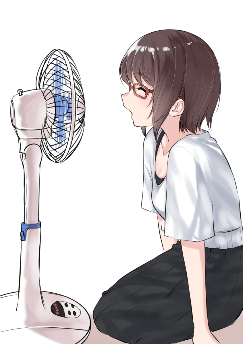 afterimage arm_support bangs black_skirt breasts brown_hair closed_eyes collarbone commentary_request electric_fan eyebrows_visible_through_hair glasses highres long_skirt open_mouth original pleated_skirt red-framed_eyewear shirt short_sleeves sitting skirt small_breasts solo white_shirt yuki_arare