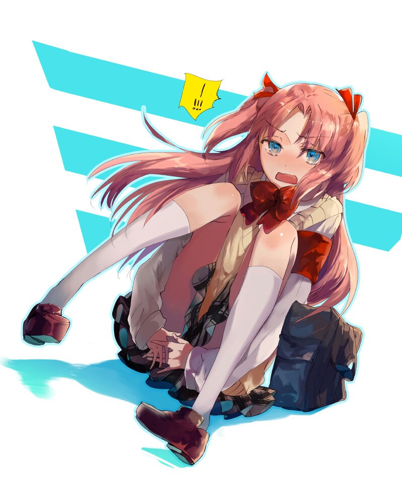 !!! 10s 1boy arikawa_hime artist_request blue_eyes blush covering covering_crotch eyebrows_visible_through_hair himegoto long_hair looking_at_viewer open_mouth pink_hair school_uniform shadow shoes solo thighhighs trap