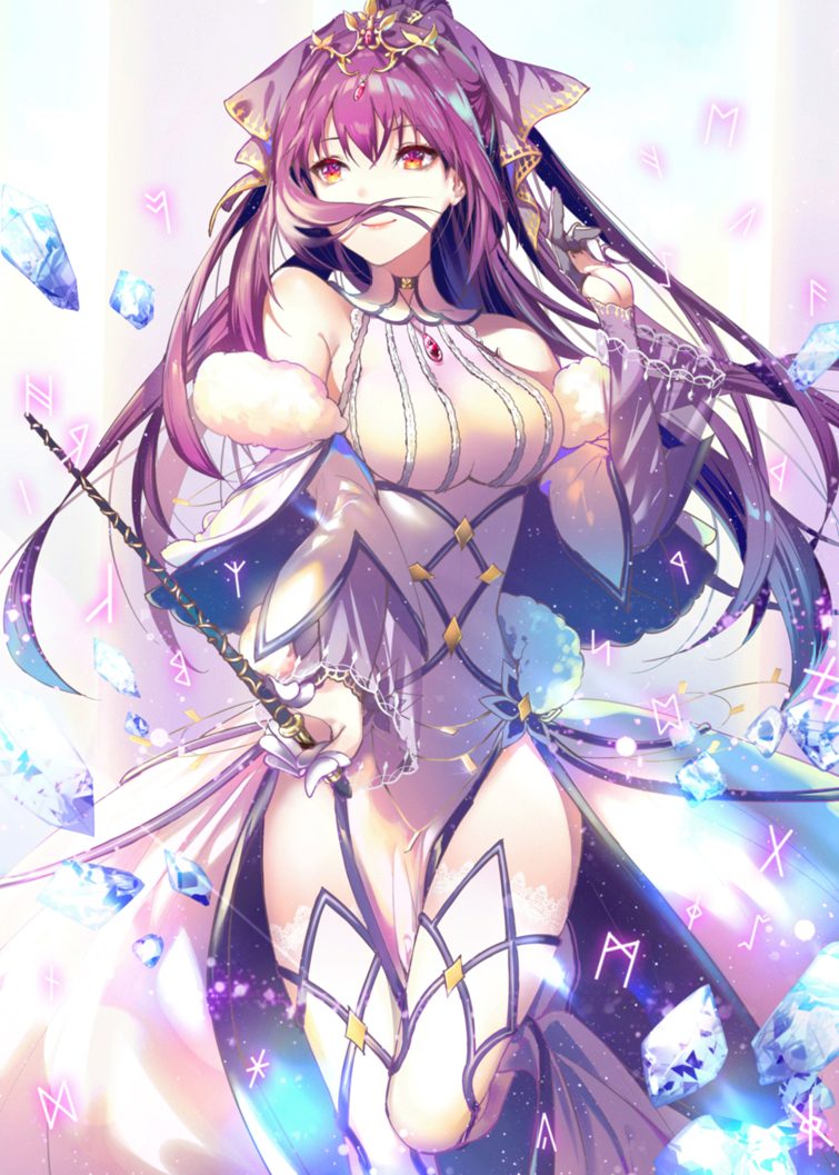 bow closed_mouth cropped_legs dress fate/grand_order fate_(series) gem hair_bow holding holding_wand kinokohime long_hair looking_to_the_side purple_bow purple_hair red_eyes rune scathach_(fate)_(all) scathach_skadi_(fate/grand_order) smile solo standing standing_on_one_leg thighhighs tiara wand white_dress white_legwear zettai_ryouiki
