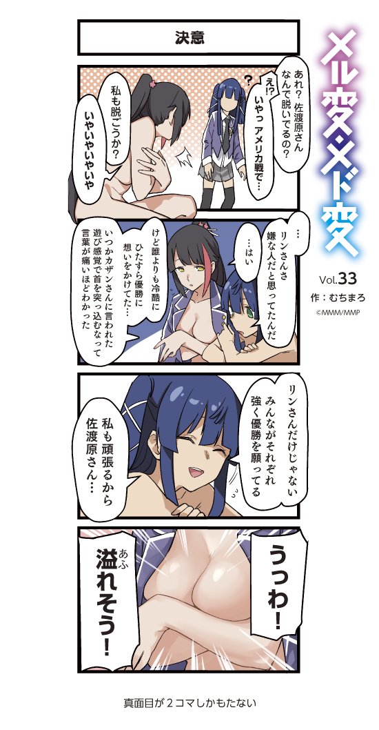 4koma blue_hair breast_hold breasts breasts_outside closed_eyes comic commentary_request covering covering_breasts green_eyes hair_ornament hime_cut kagimura_hazuki laughing marchen_madchen muchi_maro multiple_girls naked_coat necktie nude official_art open_mouth ponytail sadohara_mai translation_request twintails uniform yellow_eyes
