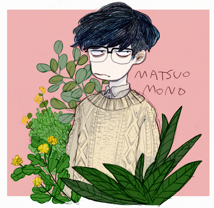 bags_under_eyes black_hair buttons collared_shirt commentary flower frown glasses grumpy looking_away male_focus matsuo_mono no_nose original over-rim_eyewear plant semi-rimless_eyewear shirt short_hair signature simple_background sketch solo sweater symbol_commentary