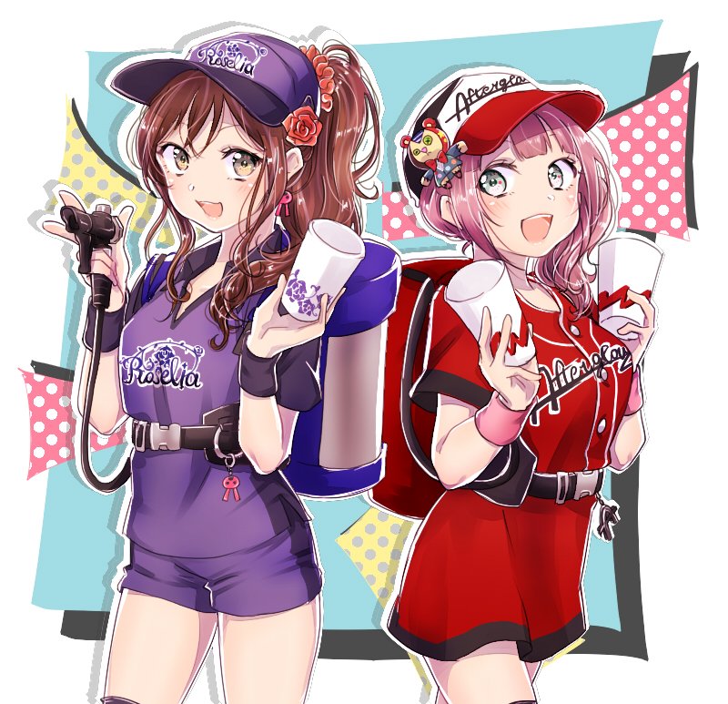 :d alternate_hairstyle backpack bag bang_dream! bangs baseball_cap brown_eyes brown_hair buckle bunny_earrings charm_(object) clothes_writing commentary_request cowboy_shot cup flower grey_eyes group_name hair_flower hair_ornament hair_scrunchie hat hat_ornament hat_writing holding holding_cup hose hose_nozzle imai_lisa muchise multiple_girls open_mouth outline pink_hair ponytail purple_shirt purple_shorts red_flower red_rose red_scrunchie red_shirt red_skirt rose scrunchie shirt short_sleeves shorts side_ponytail sidelocks skirt smile sweatband uehara_himari white_outline