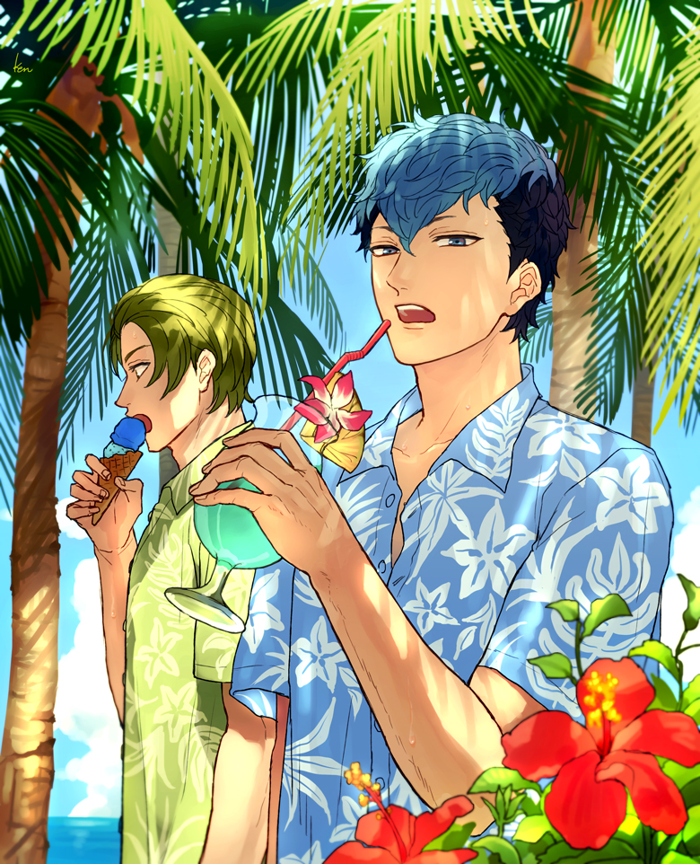 akke alternate_costume black_hair blue_eyes blue_hair coconut_tree collared_shirt cup dappled_sunlight day drink drinking_glass drinking_straw eating fire_emblem fire_emblem_echoes:_mou_hitori_no_eiyuuou floral_print flower food force_(fire_emblem) green_eyes green_hair hawaiian_shirt hibiscus holding holding_cup hurricane_glass ice_cream ice_cream_cone leaf looking_at_viewer looking_away male_focus multicolored_hair multiple_boys ocean open_mouth outdoors paison palm_tree partially_unbuttoned pineapple_slice plant shirt short_sleeves sunlight teeth tree tropical_drink two-tone_hair upper_body waffle_cone water