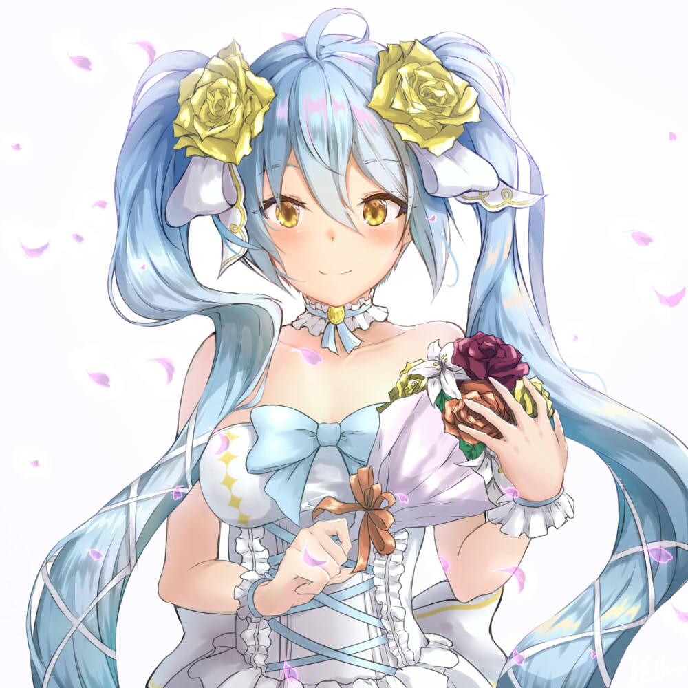 ahoge bangs bare_shoulders blue_ribbon blush bouquet breasts brown_ribbon cherry_blossoms choker collarbone dress eyebrows_visible_through_hair falling_petals flower frilled_choker frilled_cuffs frilled_dress frills hair_between_eyes hair_flower hair_ornament hair_ribbon holding holding_bouquet king's_raid light_blue_hair lily_(flower) long_hair looking_at_viewer medium_breasts orange_flower orange_rose pnt_(ddnu4555) red_flower red_rose ribbon rose shiny shiny_hair sidelocks simple_background smile solo sonia_(king's_raid) standing strapless strapless_dress twintails upper_body very_long_hair wavy_hair wedding_dress white_background white_choker white_dress white_ribbon wrist_cuffs yellow_eyes yellow_flower yellow_rose