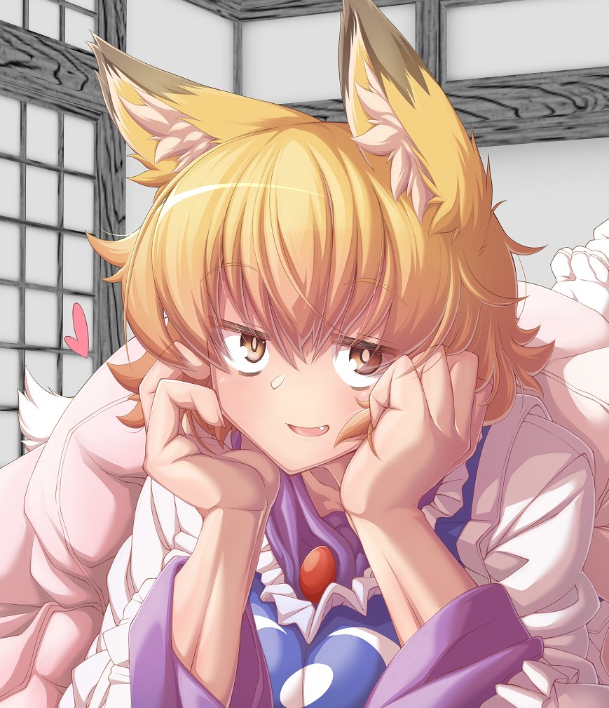animal_ears blonde_hair blush breasts commentary_request eyebrows_visible_through_hair fox_ears fox_tail frills looking_at_viewer no_hat no_headwear open_mouth short_hair smile solo tabard tail touhou wide_sleeves yakumo_ran yellow_eyes zawa_(zawzawranran2)