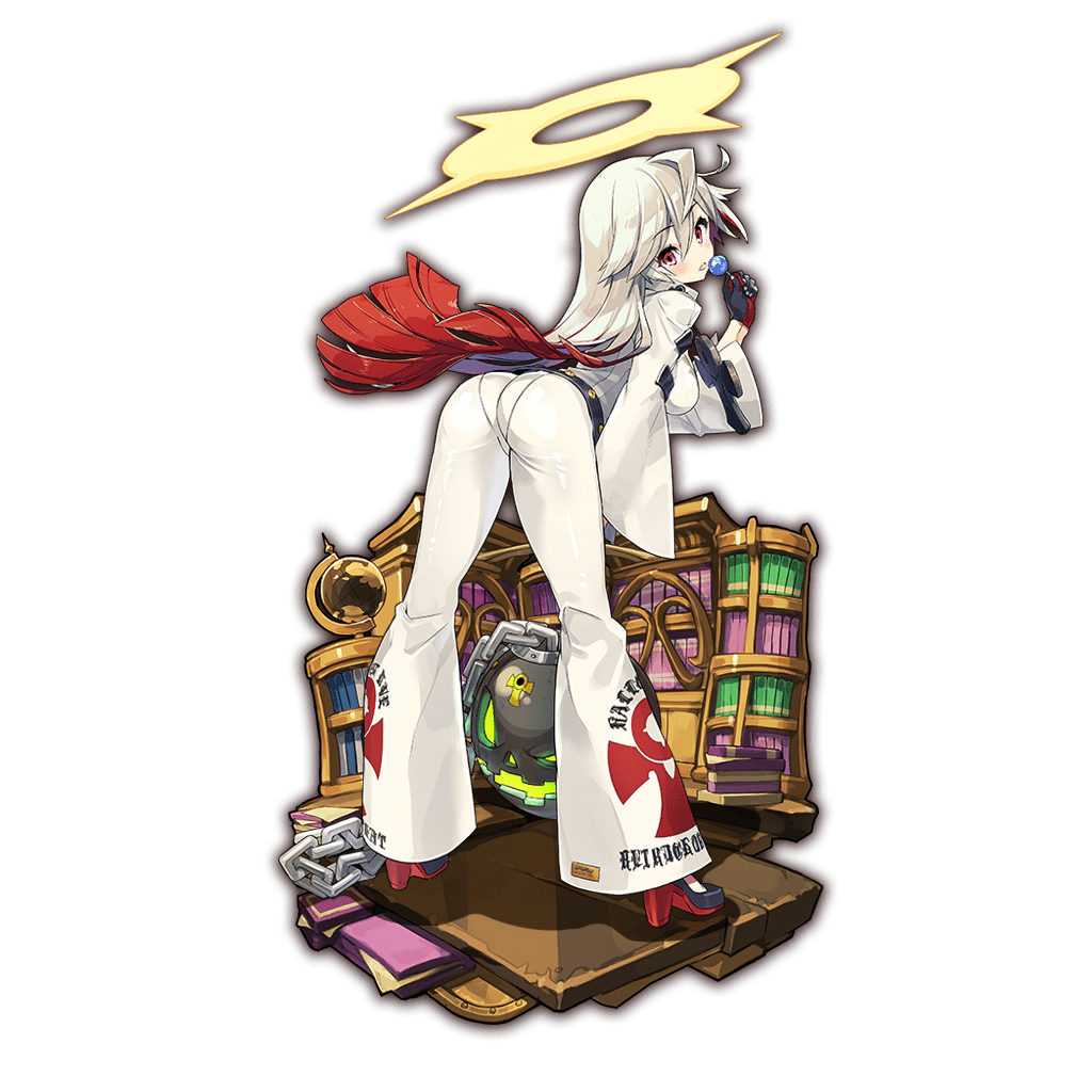 ahoge ankh artist_request ass ass_focus ball_and_chain bangs belt bent_over black_belt black_footwear black_gloves blush bodysuit book book_stack bookshelf breasts candy clothes_writing emblem eyebrows_visible_through_hair floating_hair food from_side full_body globe gloves guilty_gear guilty_gear_xrd hair_between_eyes halo hand_up head_tilt high_heels holding holding_food holding_lollipop indoors jack-o'_valentine jewelry kneepits last_period legs_apart library lollipop long_hair looking_at_viewer looking_back loose_belt medium_breasts multicolored multicolored_clothes multicolored_gloves multicolored_hair necklace official_art outline pantylines parted_lips red_eyes red_footwear red_gloves red_hair shadow shoes straight_hair studded_belt transparent_background two-tone_hair very_long_hair white_bodysuit white_hair wide_sleeves