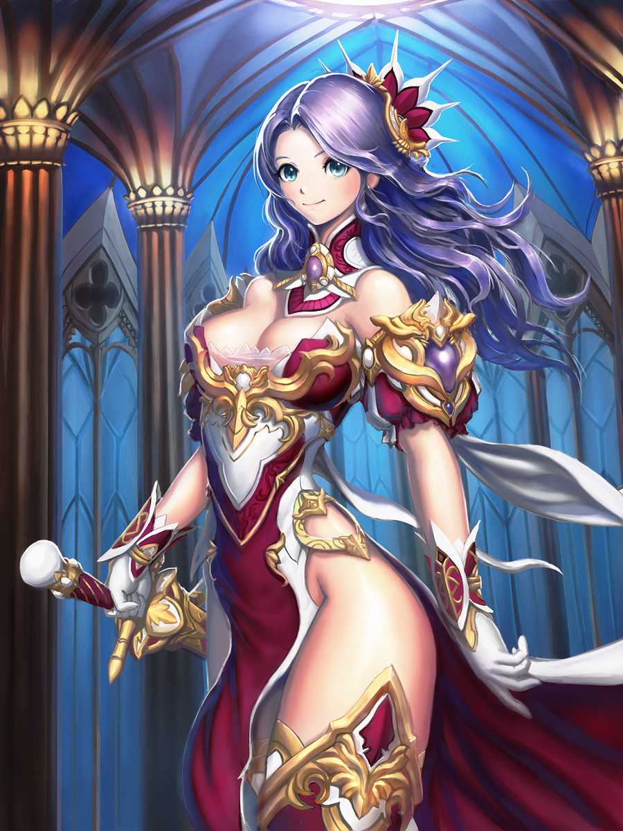 arch bare_shoulders blue_eyes breasts column detached_collar fantasy gloves hair_ornament highres indoors knight long_hair looking_at_viewer lucky9 medium_breasts original pelvic_curtain pillar purple_hair sheath smile solo standing sword thighhighs weapon white_gloves