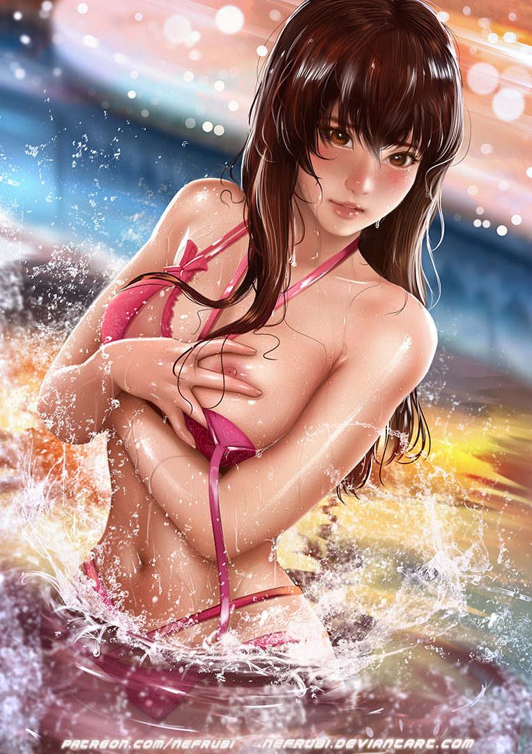 1girl areolae artist_name bikini breasts brown_eyes brown_hair covering covering_breasts dead_or_alive kasumi_(doa) long_hair navel nefrubi nipple nipple_slip nipples parted_lips partially_submerged solo swimsuit water watermark web_address wet