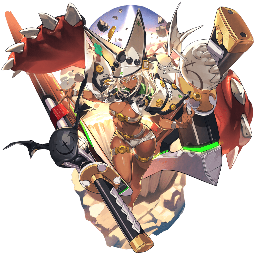 artist_request beltbra breasts brown_eyes clover dark_skin four-leaf_clover full_body guilty_gear guilty_gear_xrd hat huge_weapon large_breasts last_period ramlethal_valentine revealing_clothes shorts solo thick_thighs thigh_strap thighs transparent_background weapon white_hair white_hat white_shorts