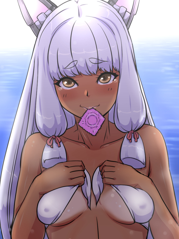 :} backlighting bangs bikini blush breasts closed_mouth commentary_request condom condom_in_mouth condom_wrapper covered_nipples eyebrows_visible_through_hair front-tie_bikini front-tie_top furrowed_eyebrows hair_ribbon headgear kantai_collection katou_techu long_hair looking_at_viewer mouth_hold murakumo_(kantai_collection) ocean outdoors ribbon short_eyebrows smile solo swimsuit tan tanline tears thick_eyebrows tress_ribbon underboob white_bikini white_hair yellow_eyes