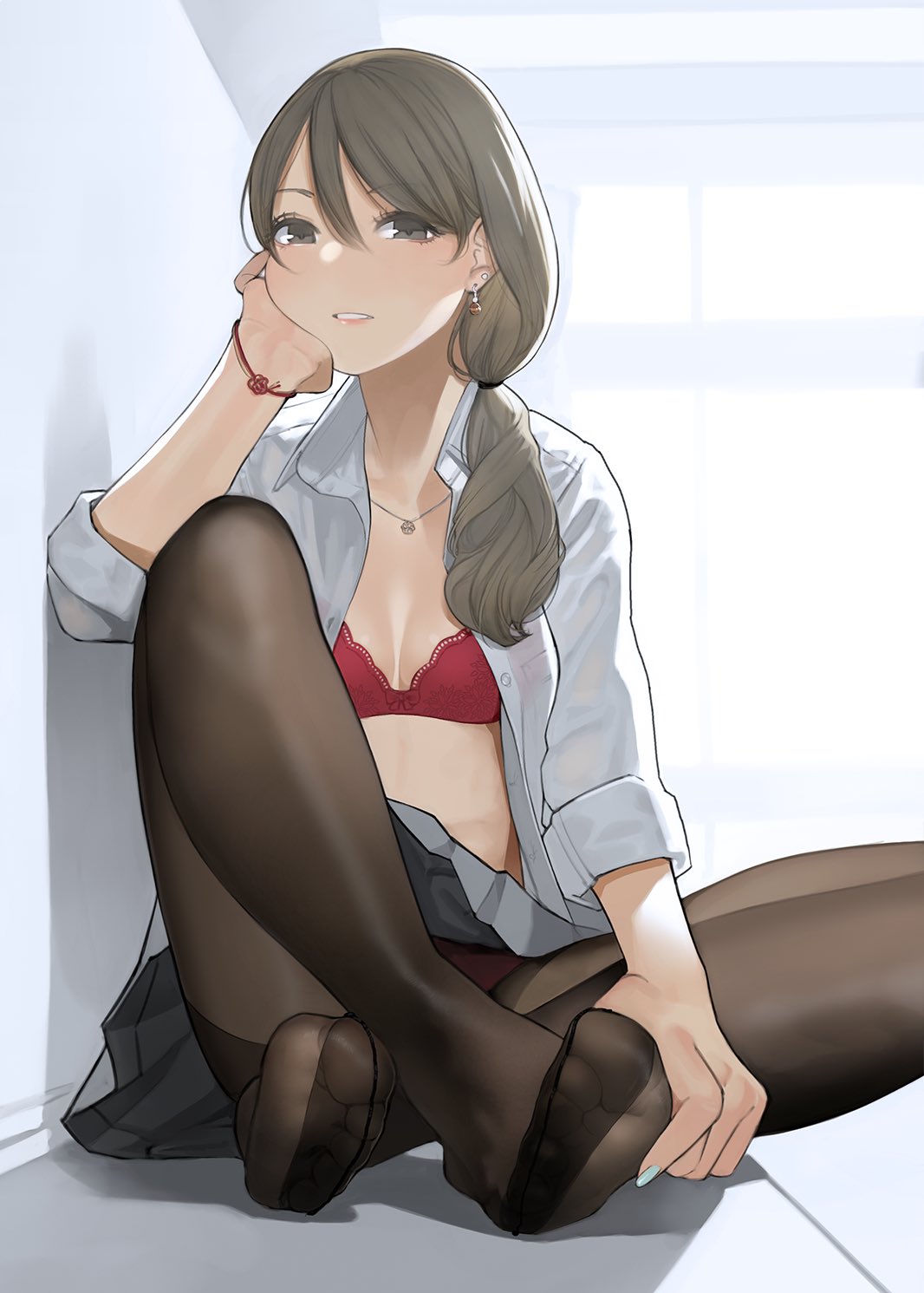 bangs blush bra breasts brown_hair commentary_request dress_shirt earrings feet grey_eyes grey_skirt hair_between_eyes head_rest highres indian_style jewelry legs long_hair looking_at_viewer necklace open_clothes open_shirt original panties panties_under_pantyhose pantyhose parted_lips pleated_skirt red_bra red_panties shirt side_ponytail sitting skirt soles solo thighband_pantyhose underwear yomu_(sgt_epper)