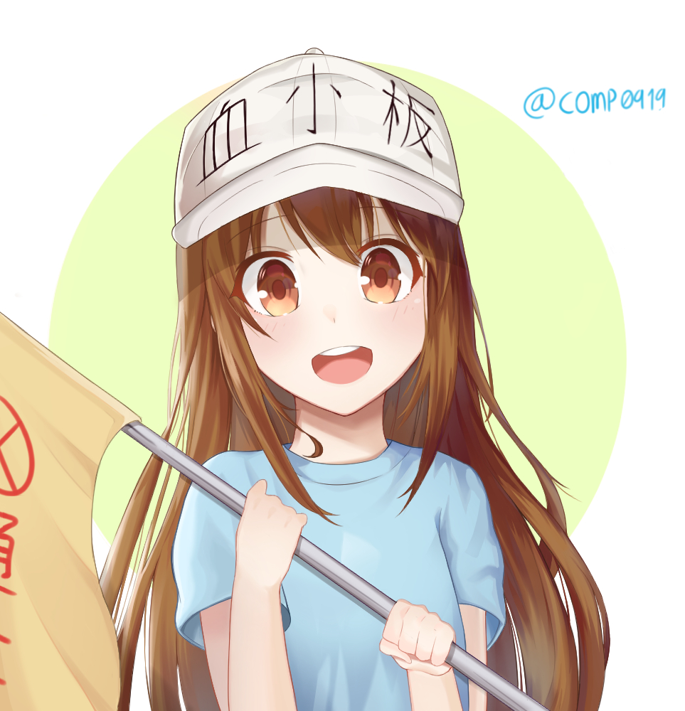 :d blue_shirt blush brown_eyes brown_hair character_name clothes_writing commentary ds_a flag flat_cap green_background grey_hat hands_up hat hataraku_saibou holding holding_flag long_hair looking_at_viewer open_mouth platelet_(hataraku_saibou) round_teeth shirt short_sleeves smile solo teeth twitter_username two-tone_background upper_teeth very_long_hair white_background