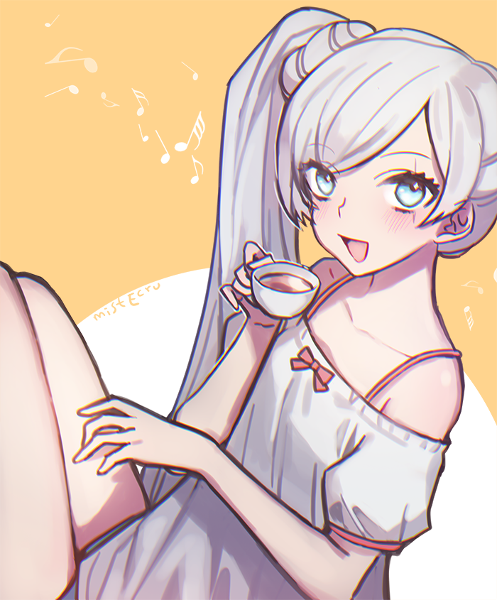 artist_name bad_id bad_twitter_id blue_eyes blush bowl coffee commentary cup ecru long_hair music musical_note open_mouth ponytail rwby scar scar_across_eye singing solo teacup twitter_username weiss_schnee white_hair